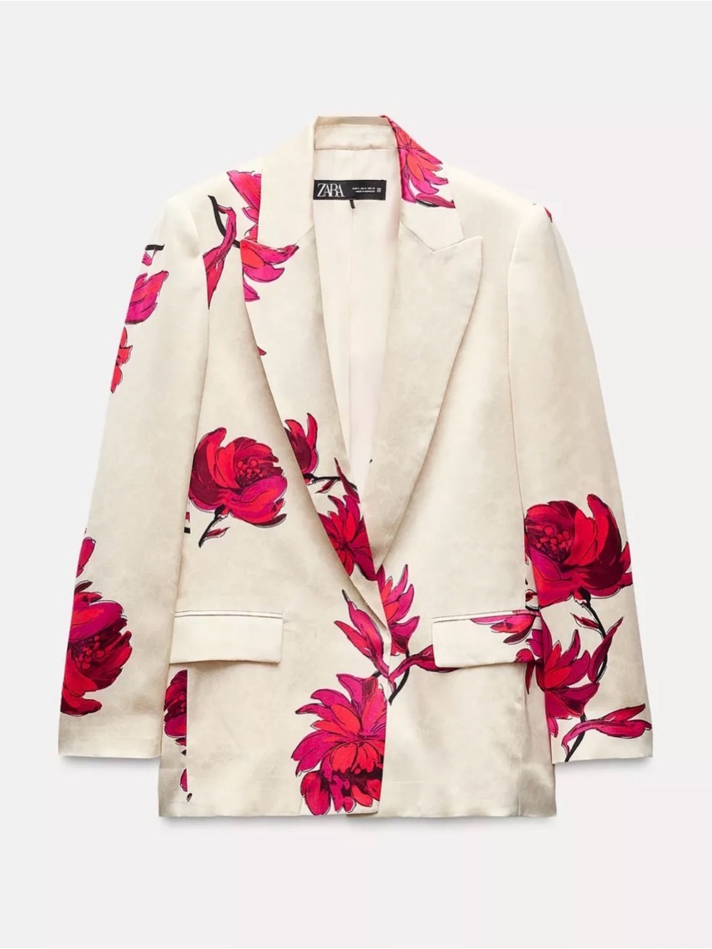 Zara Satin Cream Blazer with Vibrant Pink Floral Design